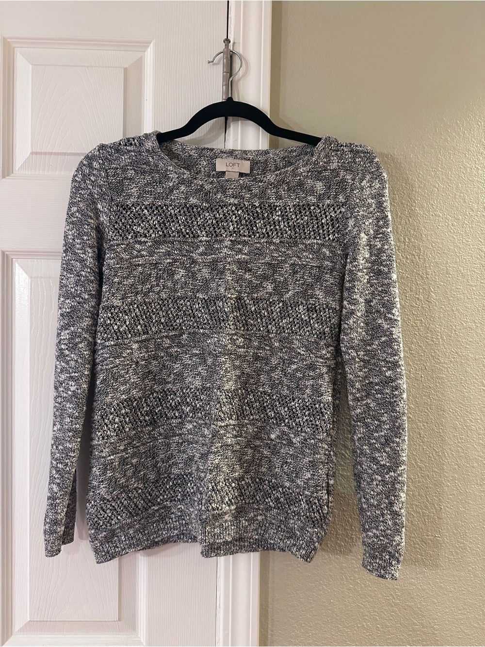 LOFT Gray Marled Crew Sweater with Textured Knit